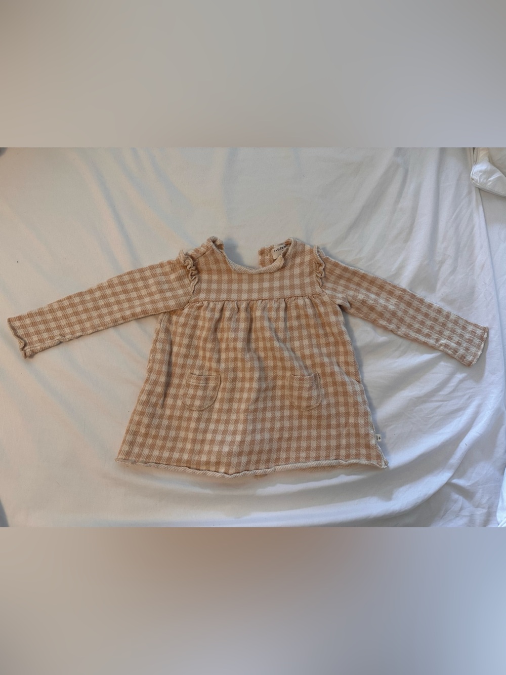Beige Gingham Long-Sleeve Ruffle Baby Top